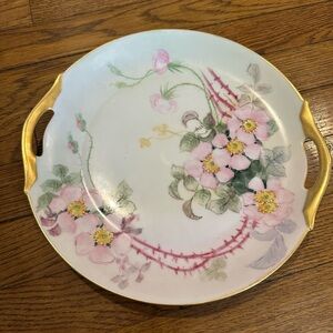 Hand-Painted Pink Floral Porcelain Serving Plate with Gold Accents